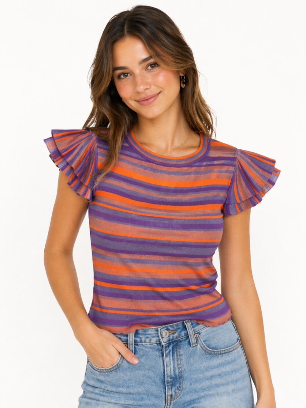 Alice + Olivia Striped Knit Top Flutter Sleeve Purple Orange Retro Chic Boho S